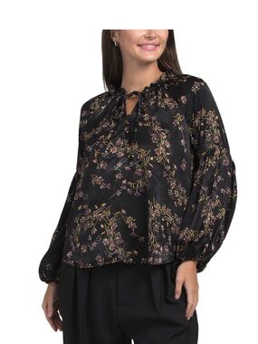 Love Stitch Black Floral Tie-Front Ruffle Blouse